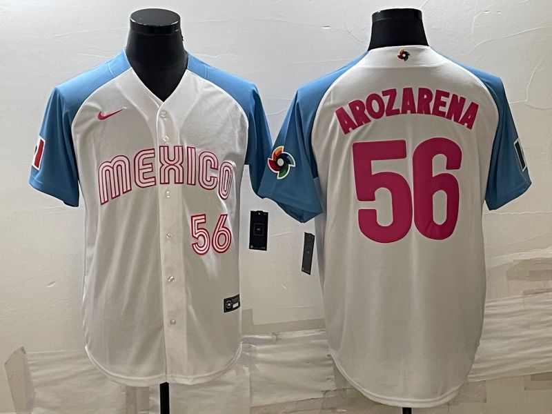 Men 2023 World Cub Mexico #56 Arozarena White blue Nike MLB Jersey11